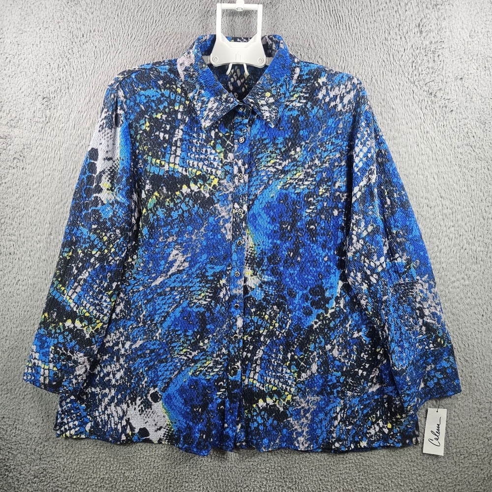 NEW Calessa Shirt Top Women XL Button Up Stretch Graphic Blue Gray